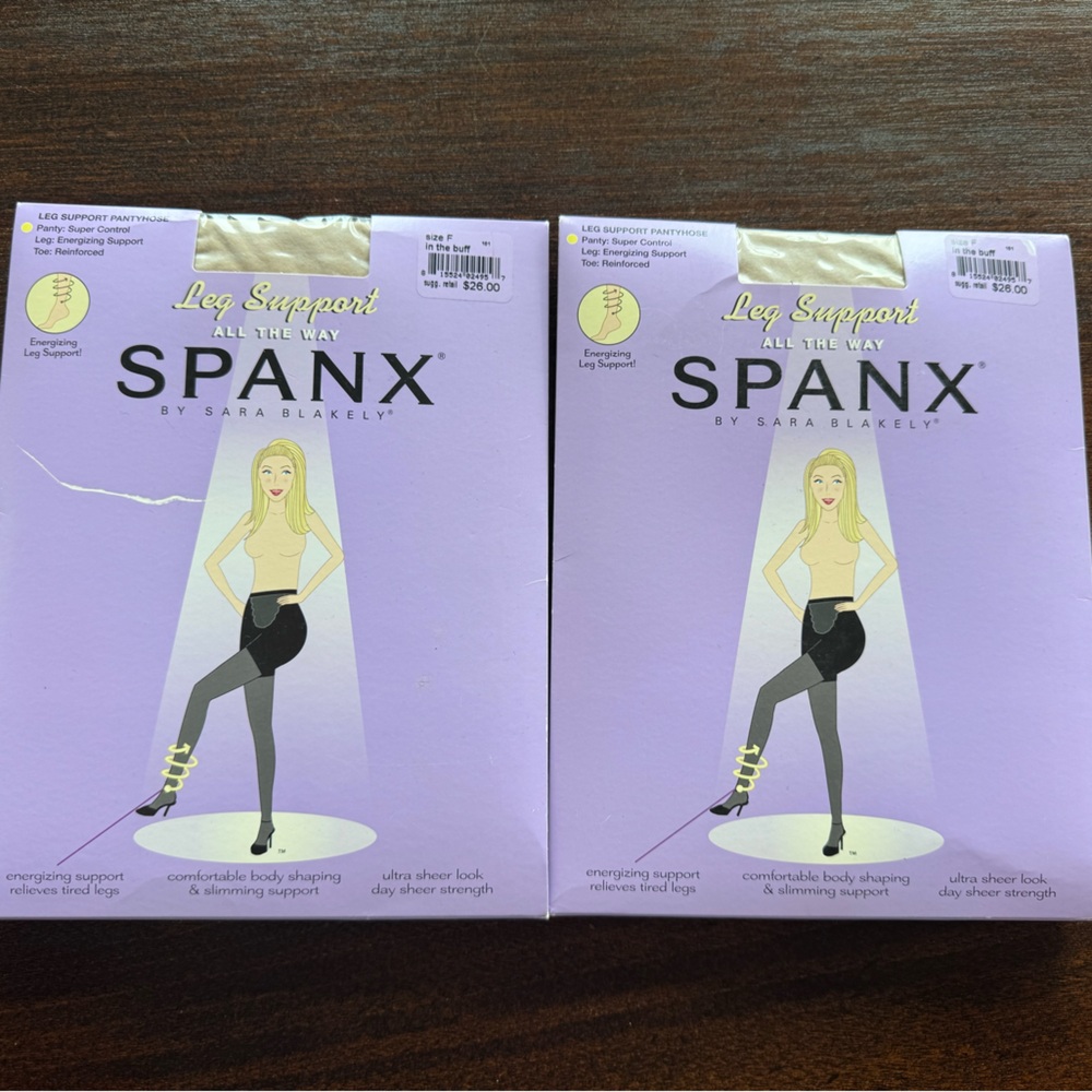Two Pairs of SPANX All the Way Leg Support Pantyhose, in the buff, sz F